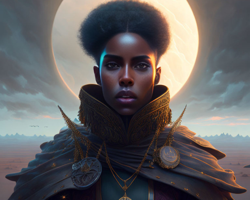 Regal woman with afro in gold cloak against surreal sunset and eclipse