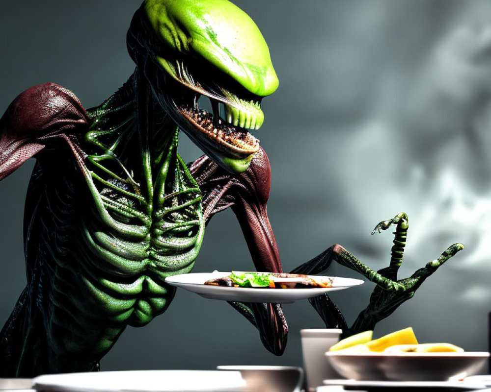 Green-skinned alien with sharp teeth gazes at small alien on a plate amidst food dishes against cloudy