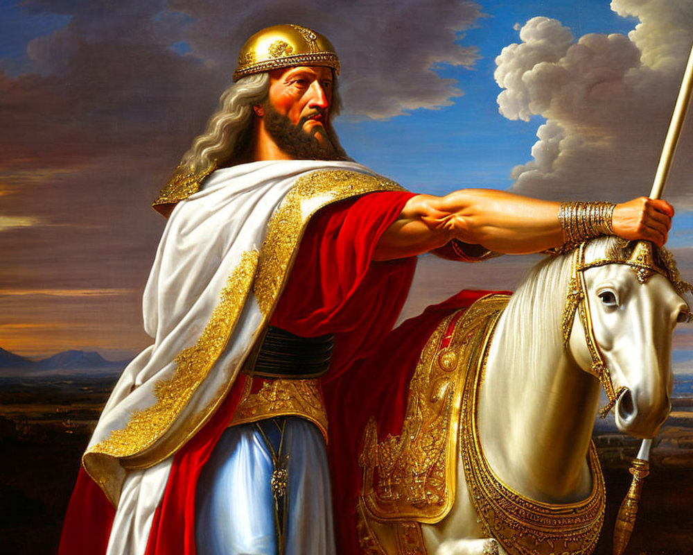 Regal man on horse in majestic robes and crown against dramatic sky