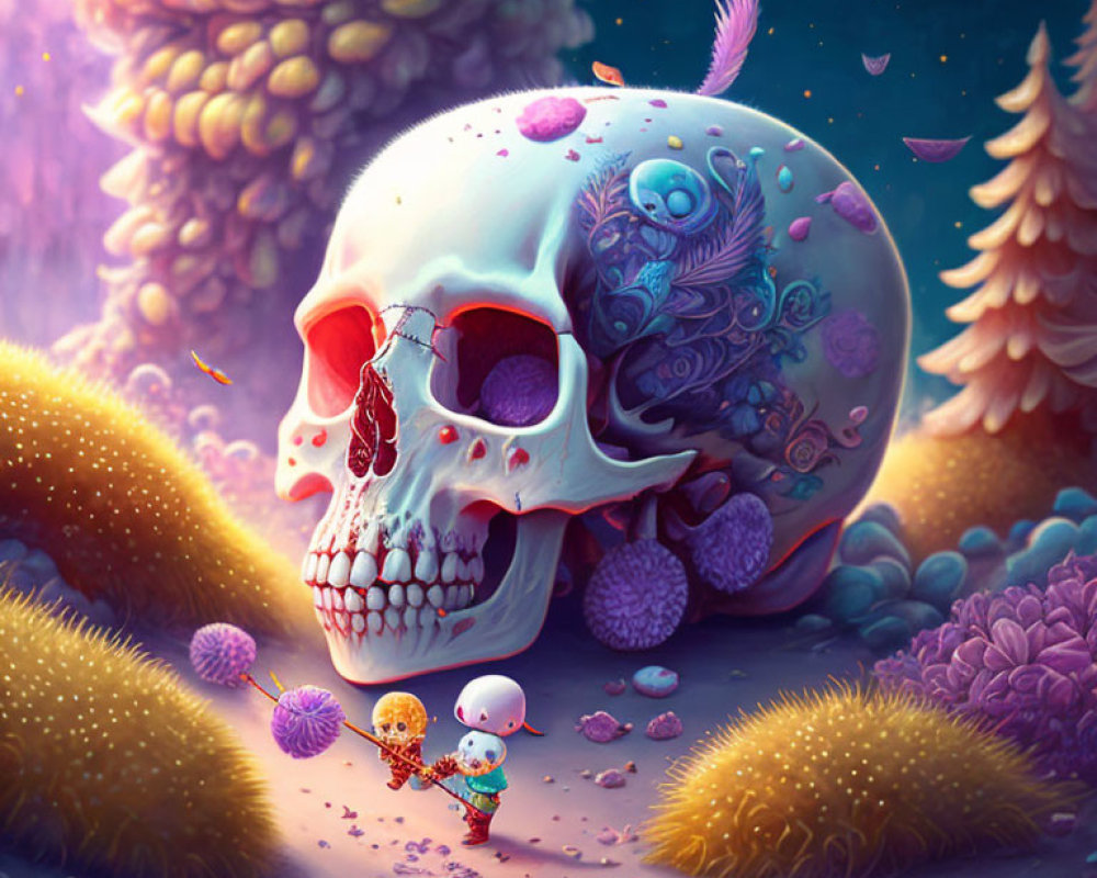 Colorful Flora and Fauna Skull Artwork in Magical Forest