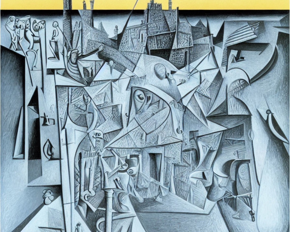 Monochromatic cubist cityscape with distorted buildings in yellow sky