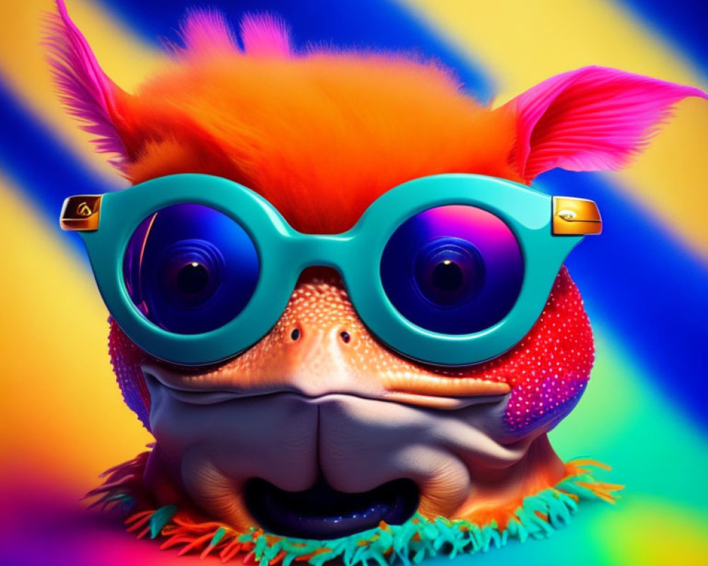 Colorful digital illustration of whimsical creature with orange fur and teal glasses on textured snout against mult