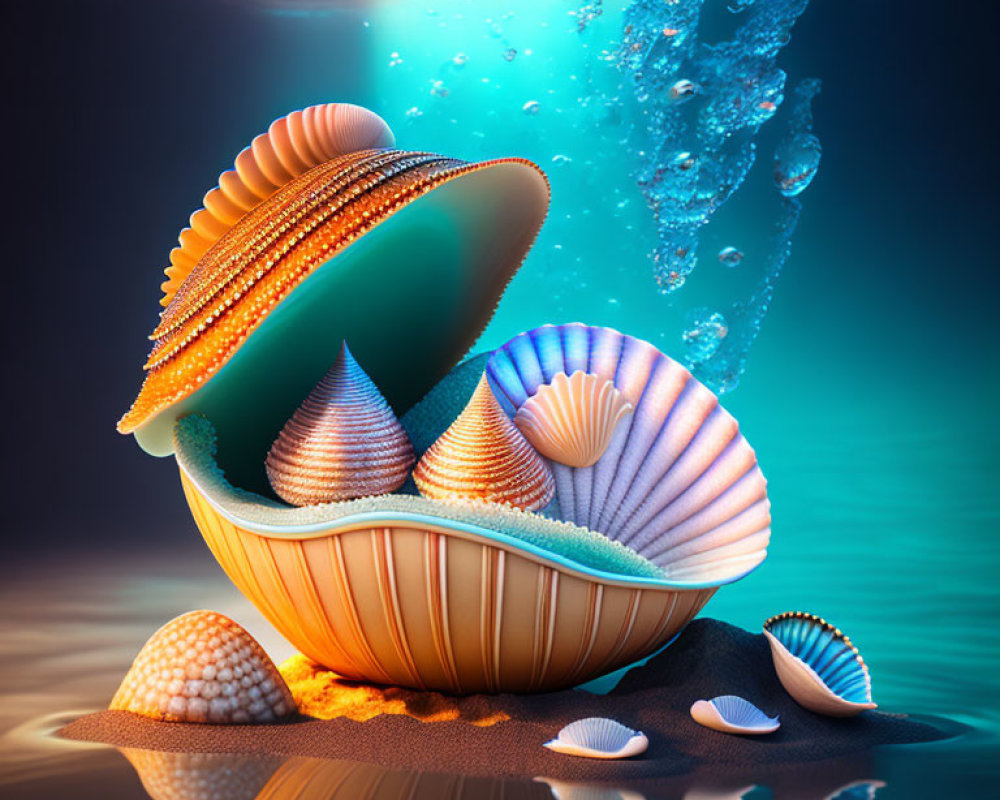 Colorful digital artwork of open clamshell with seashells on sand underwater