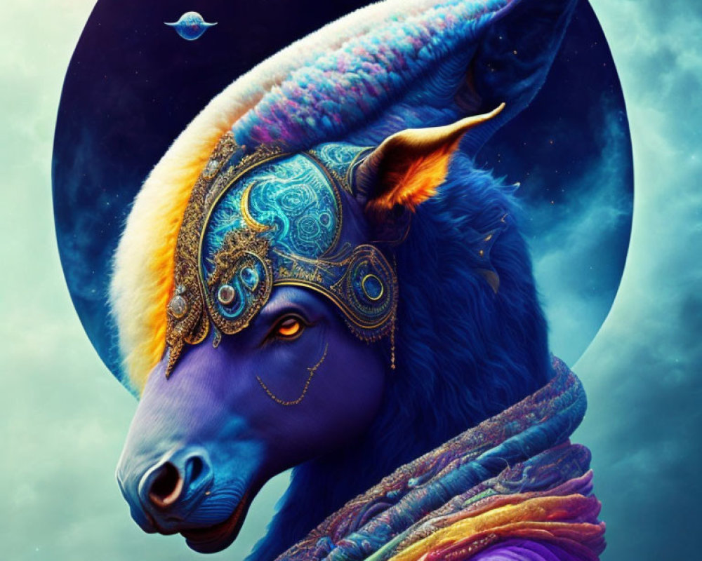 Colorful mystical bull digital artwork with cosmic background and intricate jewelry