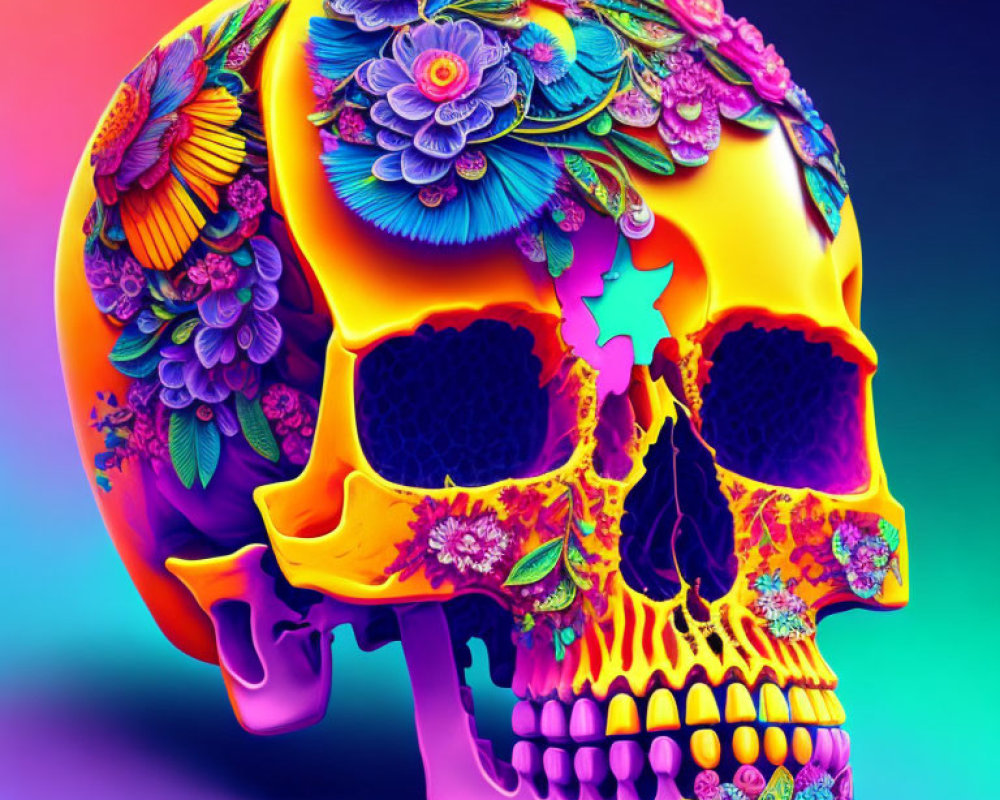 Vibrant floral skull art on blue and pink gradient background