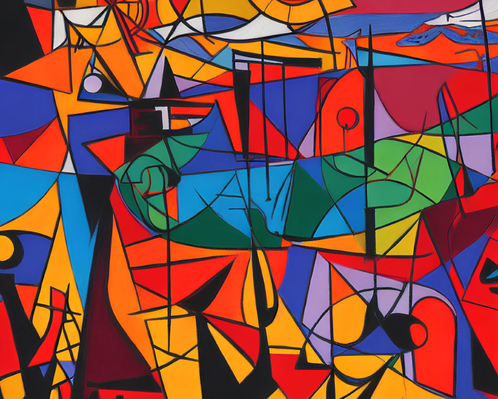 Colorful abstract painting with bold geometric shapes in red, blue, orange, and yellow.