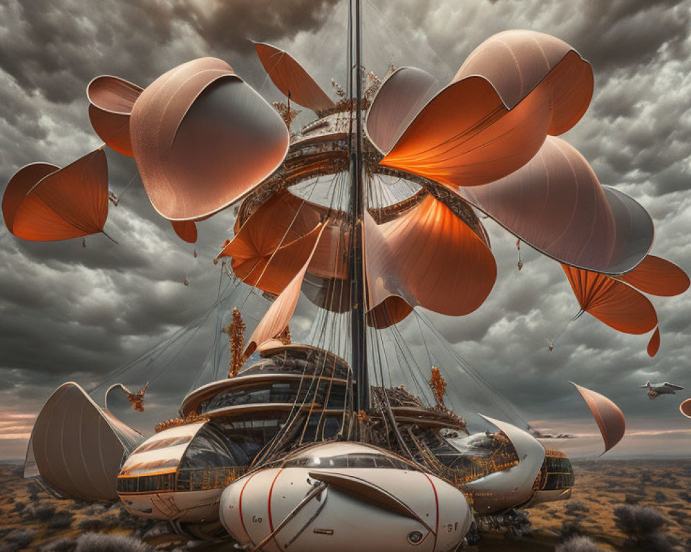 Futuristic airship with large petal-like balloons over desert landscape