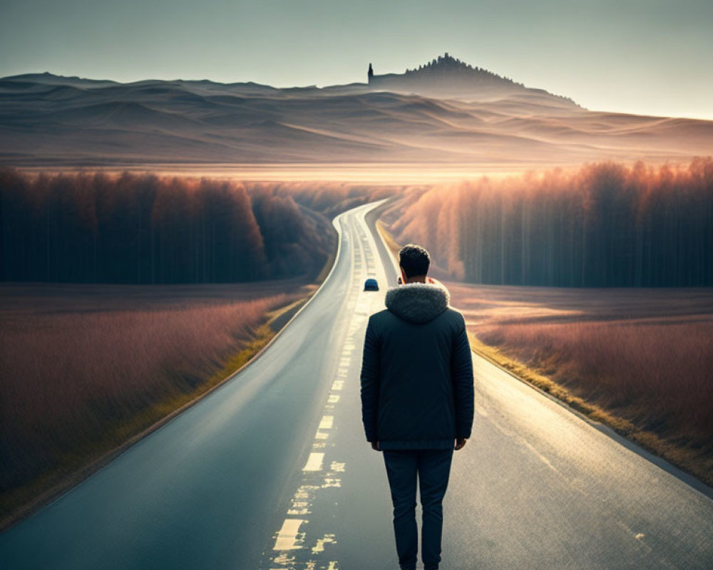 Person standing on road surrounded by trees, desert landscape, hills at dusk