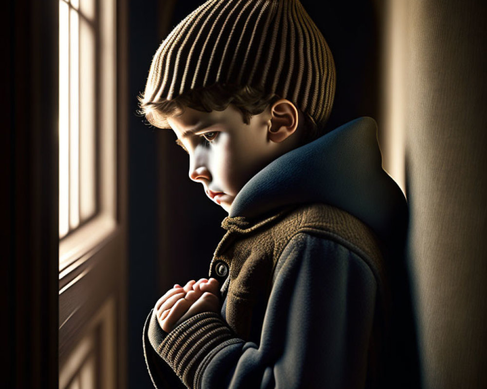 Young boy in striped cap and brown coat gazes out window in soft light