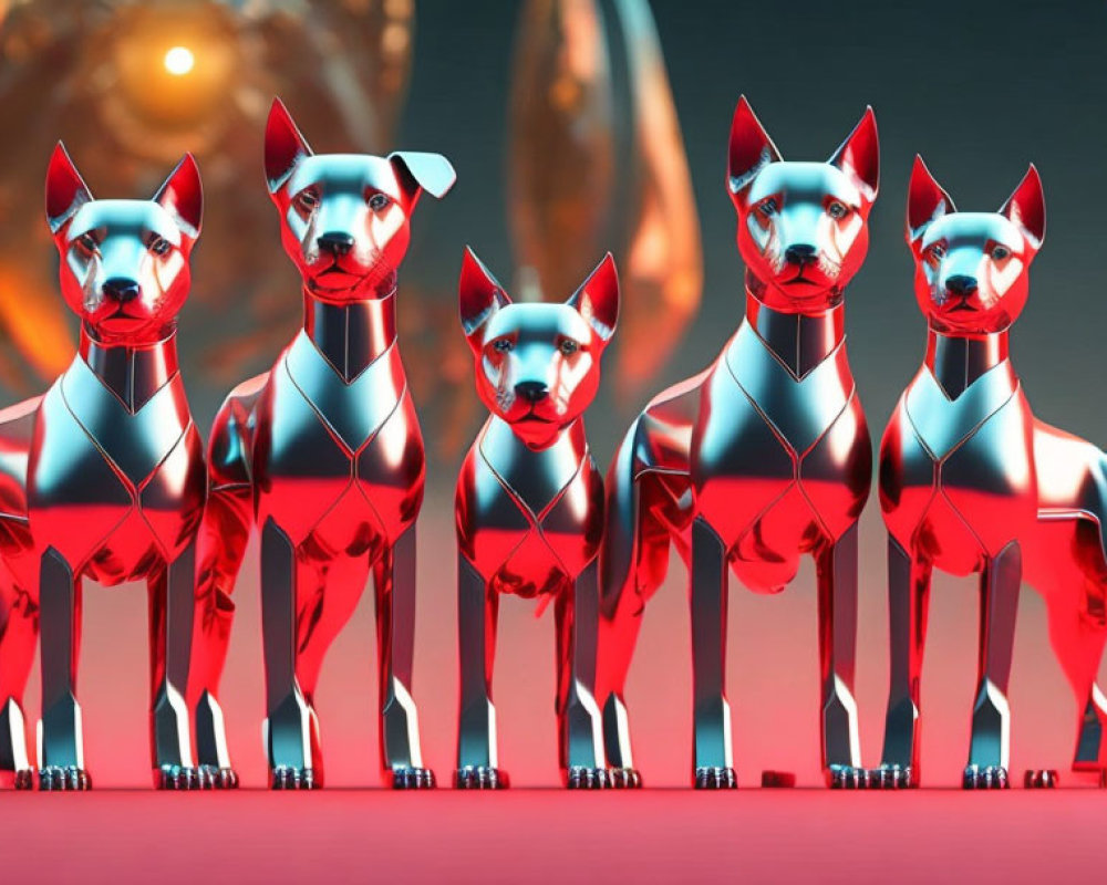 Five red metallic robotic dogs with glowing orb on red background