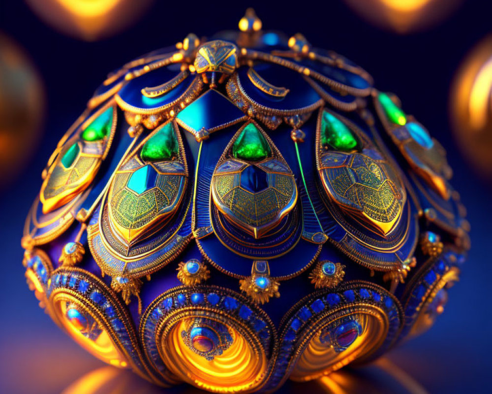 Intricate golden object with emerald-like gemstones on blue background