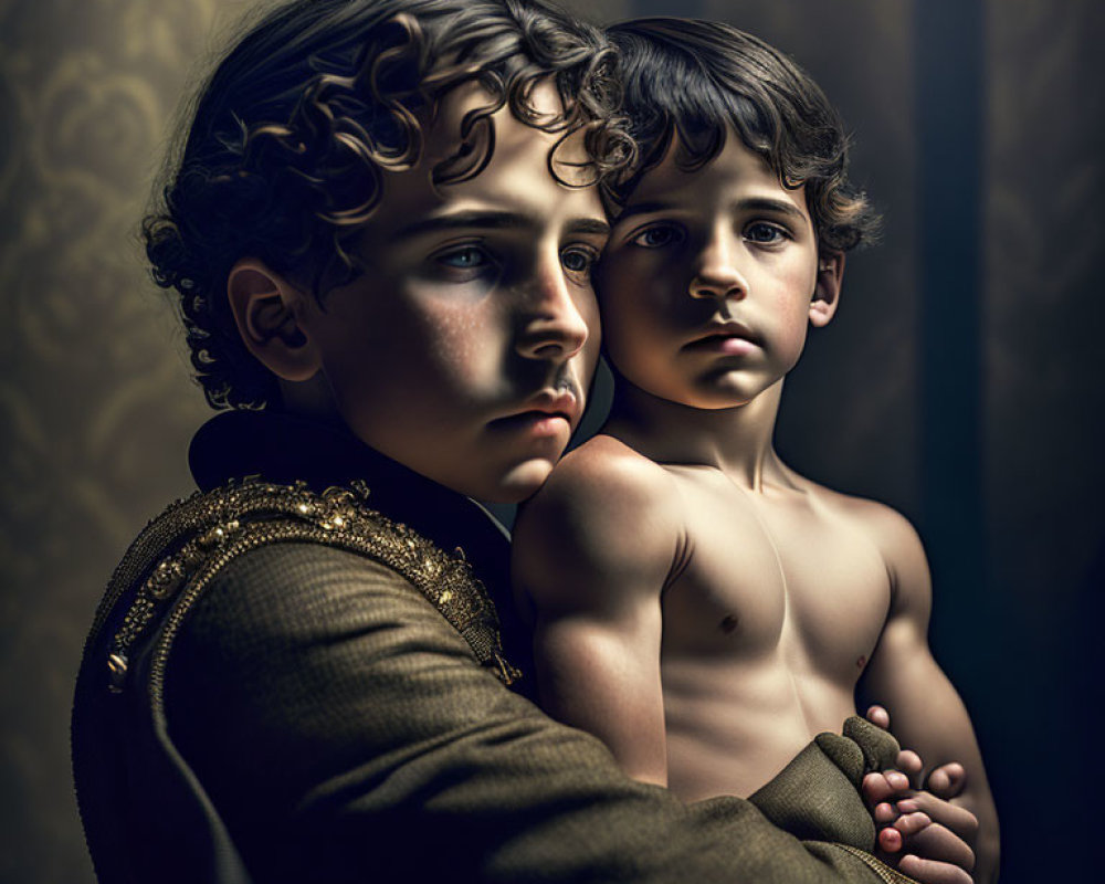 Two Young Boys in Military Jacket and Shirtless Pose Against Textured Backdrop