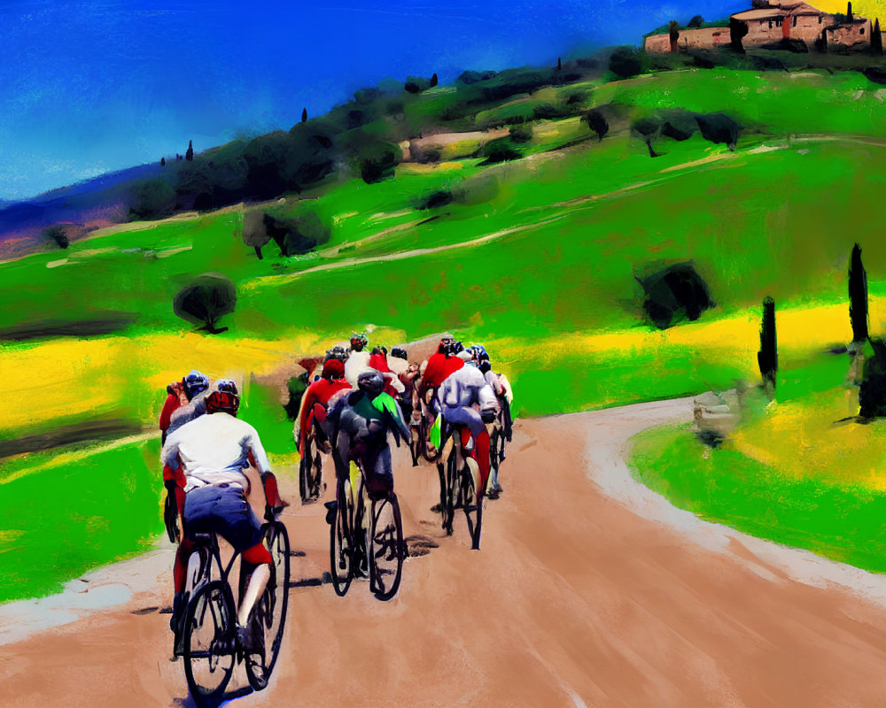 Cycling Group Racing on Winding Dirt Road Landscape