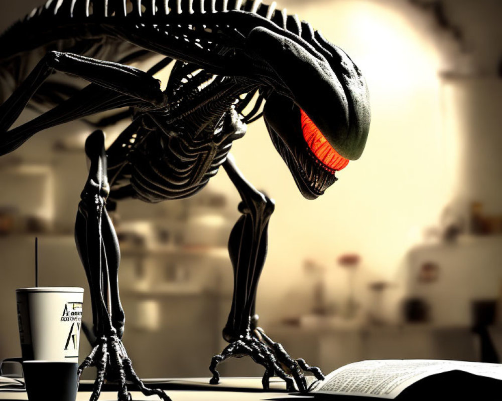 Alien creature with skeletal appearance reading book at desk with coffee cup