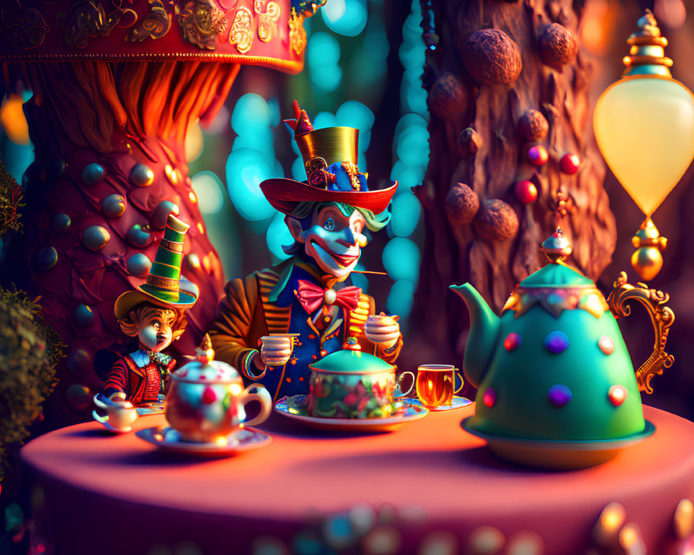 Whimsical Mad Hatter's tea party illustration with colorful teapots and eccentric characters