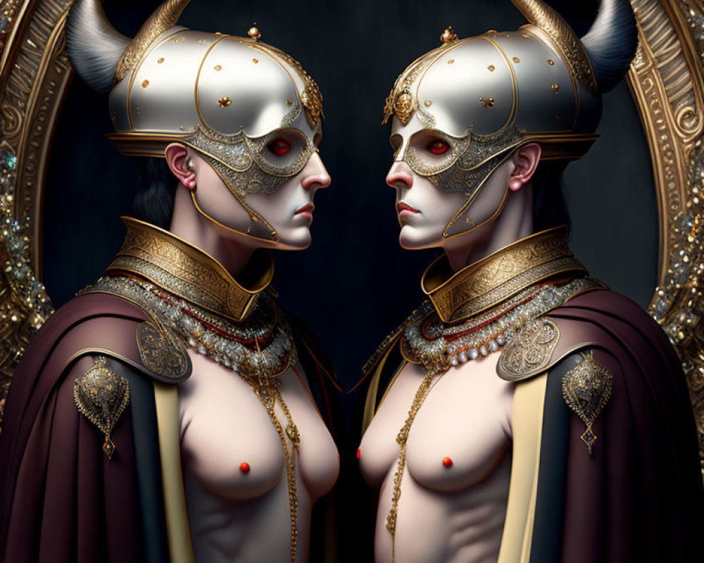 Symmetrical individuals in ornate horned helmets and golden armor on dark background