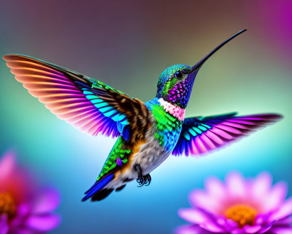 Colorful hummingbird in mid-flight against gradient background