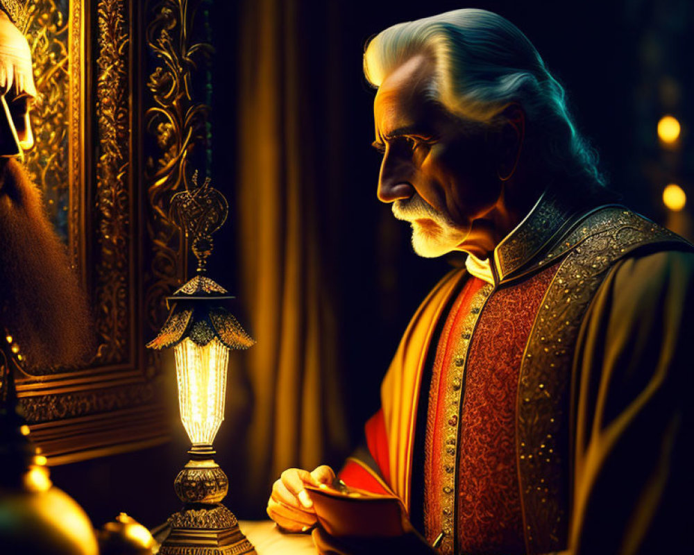 Elderly man in regal robes by lamp in warmly lit interior