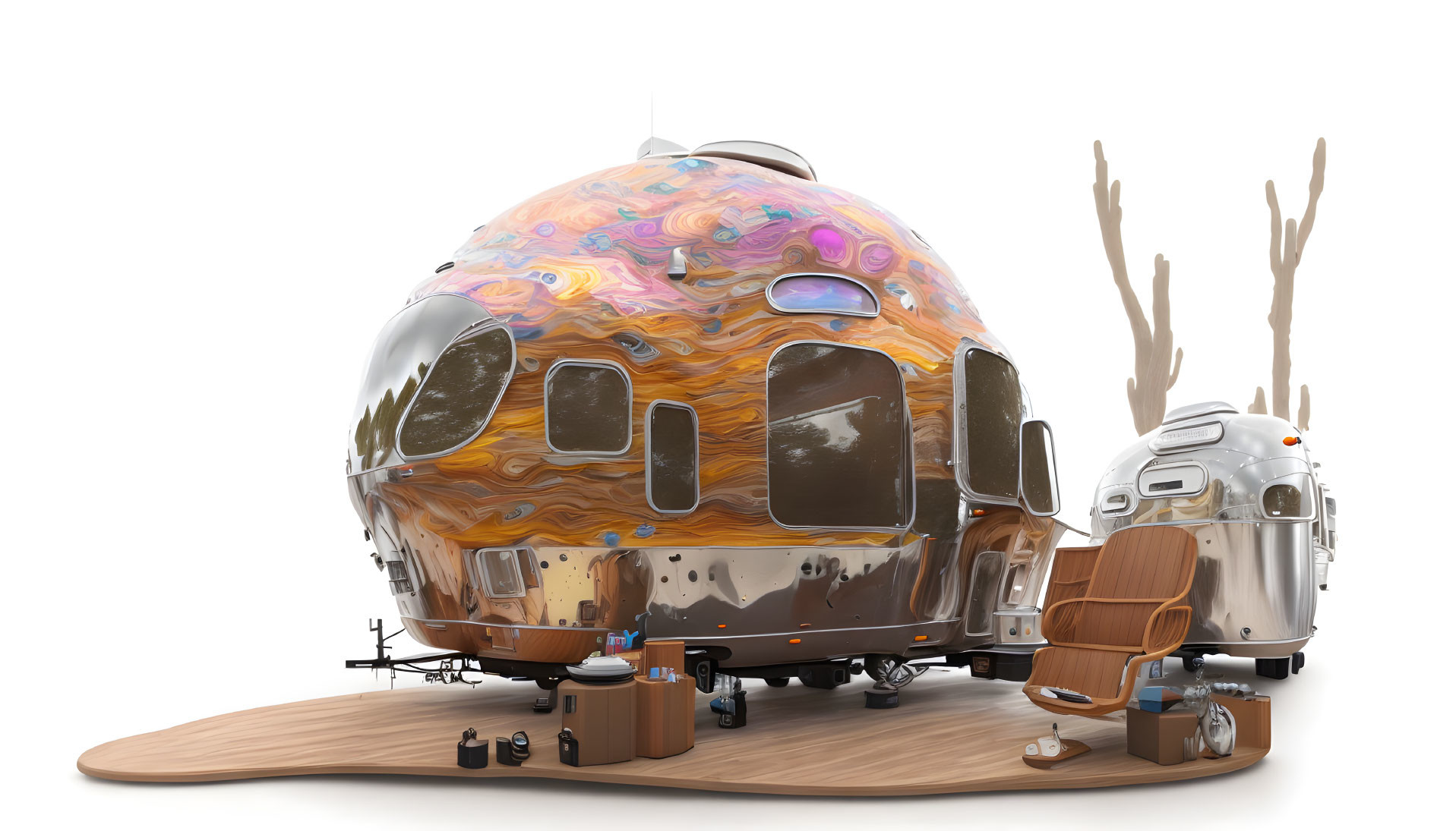 Futuristic metallic camper with marbled design on small trailer surrounded by luggage and artificial trees