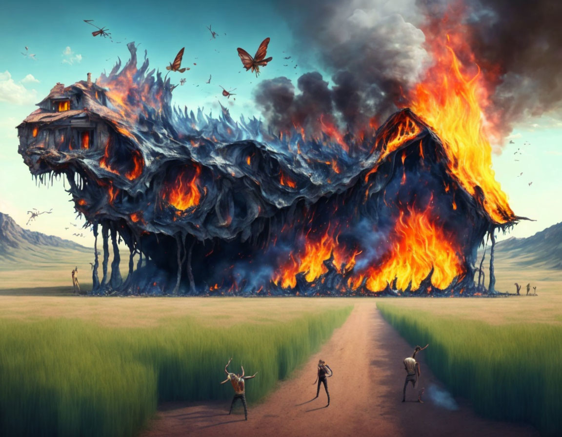 Monstrous house engulfed in flames transforms into creature in tranquil field with onlookers and butterfly