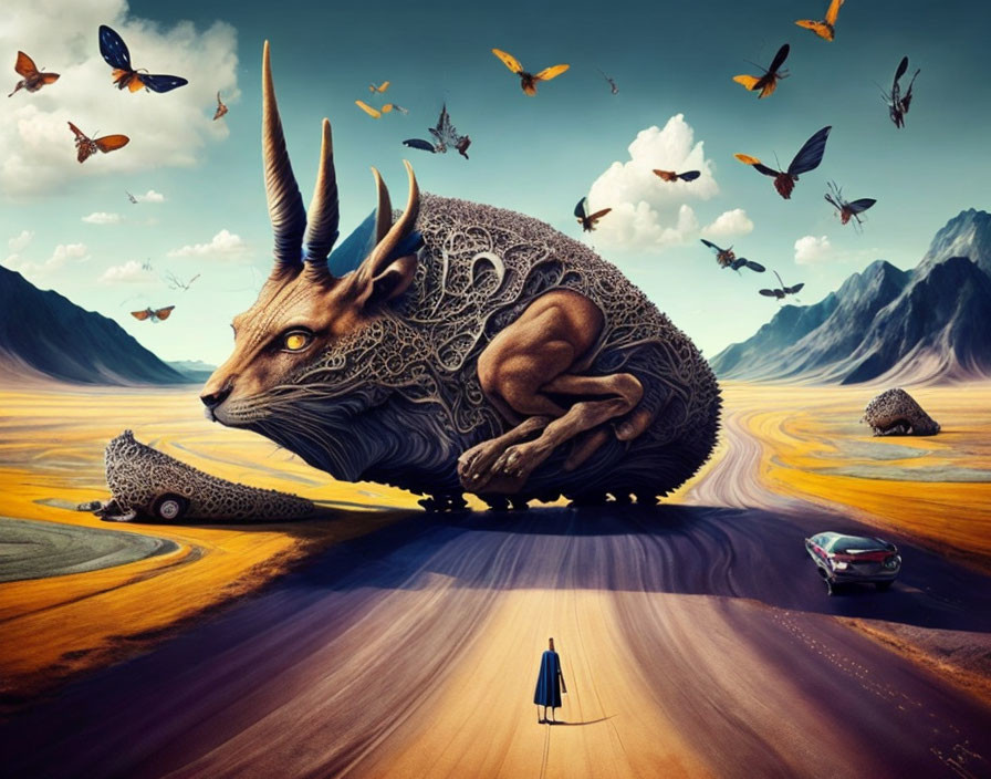 Giant snail with skull-like shell on road surrounded by butterflies, lone figure, floating rocks,