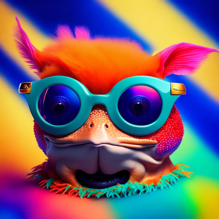 Colorful digital illustration of whimsical creature with orange fur and teal glasses on textured snout against mult