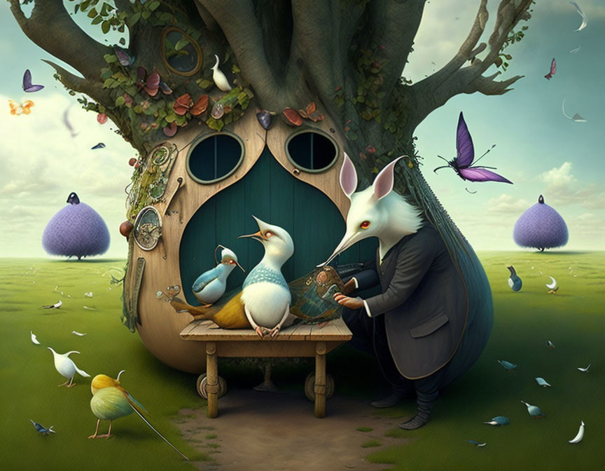 Whimsical anthropomorphic animal musical ensemble near fantastical treehouse