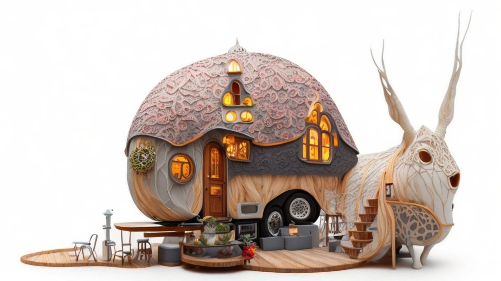 Fantasy Snail-Shaped House with Warmly Lit Windows and Cozy Interior Elements