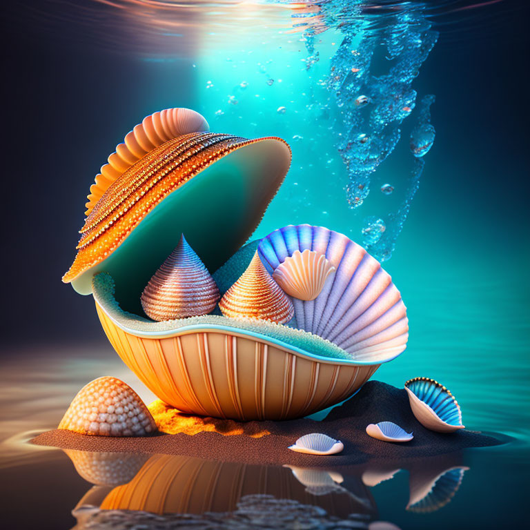 Colorful digital artwork of open clamshell with seashells on sand underwater