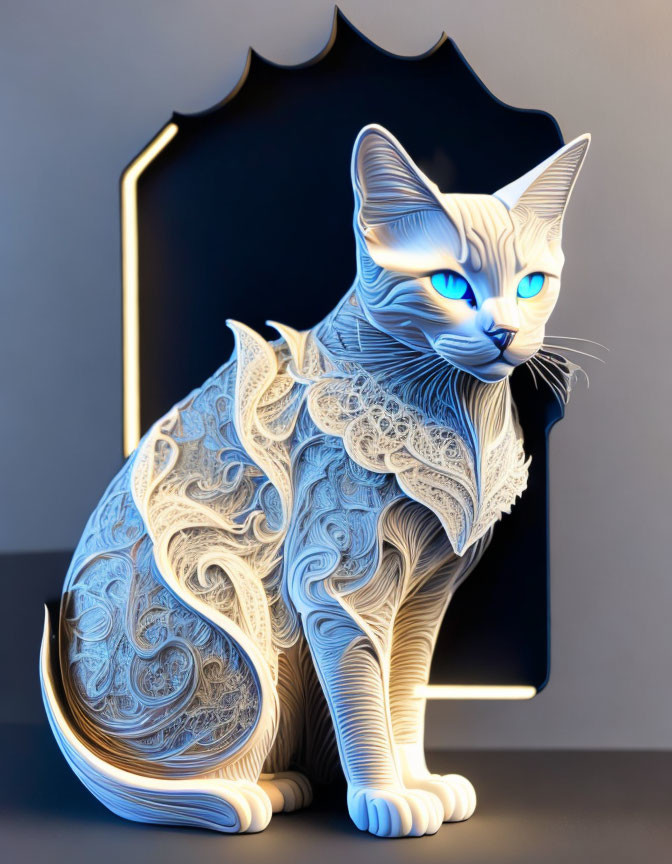 Stylized digital artwork: Cat with white patterns, blue eyes, in front of ornate mirror