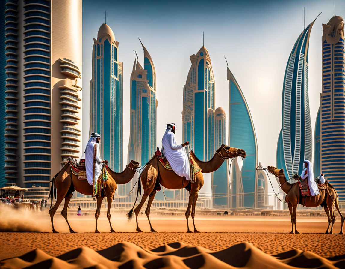 Traditional attired individuals on camels against futuristic skyscrapers in desert cityscape.