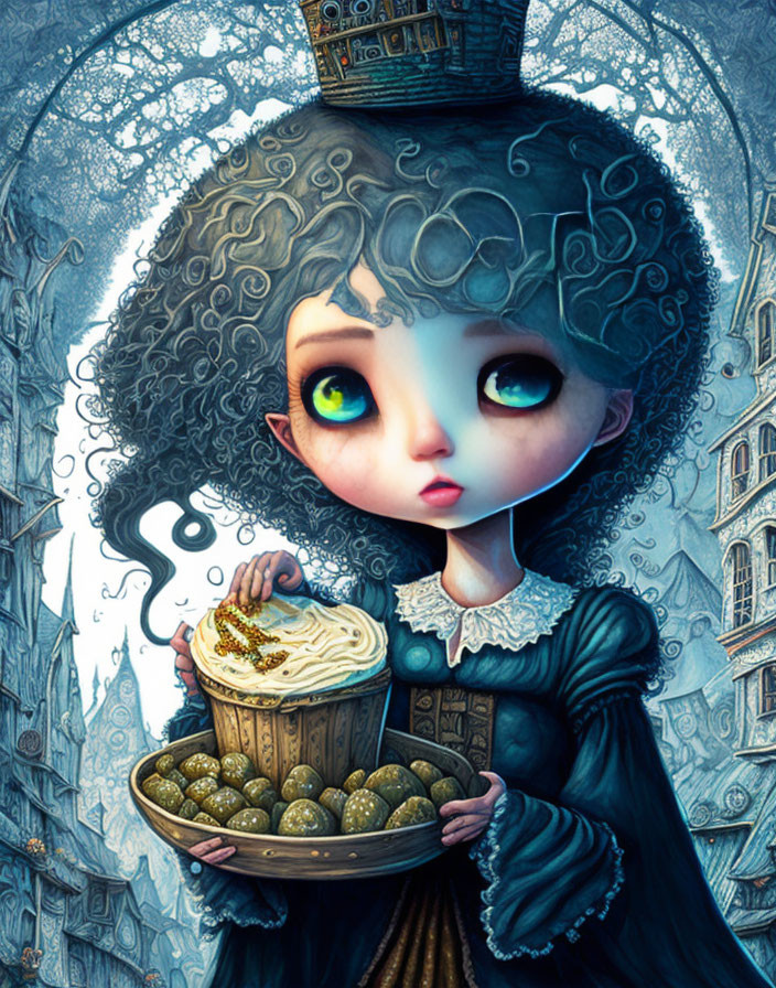 Whimsical girl illustration with large eyes and curly hair holding tray of golden eggs and cupcake