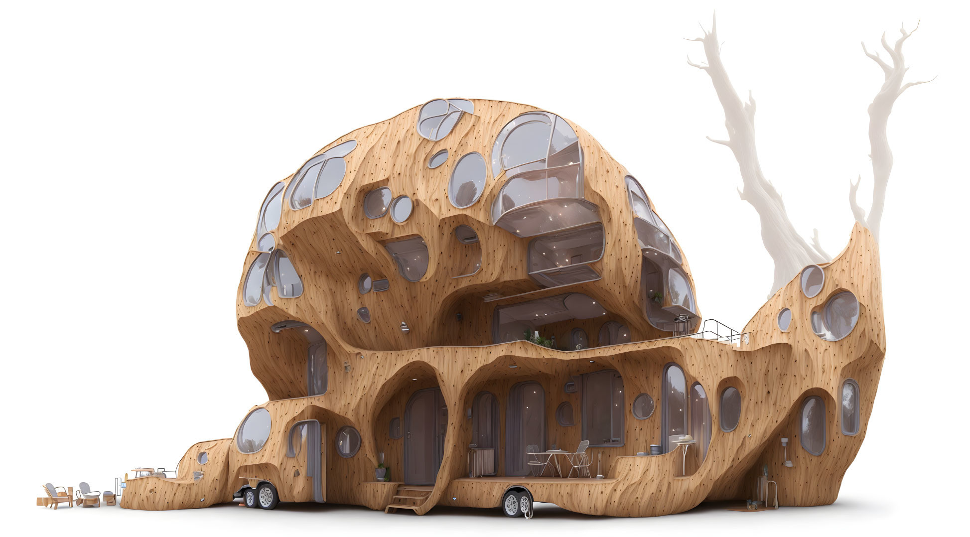 Organic-shaped wooden building with bubble-like windows and leafless tree in serene white background