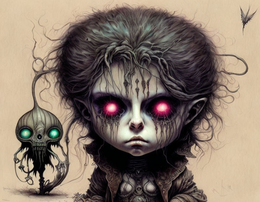 Dark illustration: Child with glowing red eyes and intricate face markings, accompanied by a floating creature with green