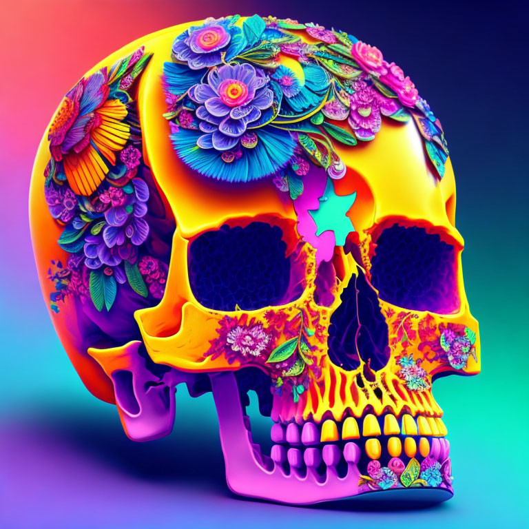 Vibrant floral skull art on blue and pink gradient background