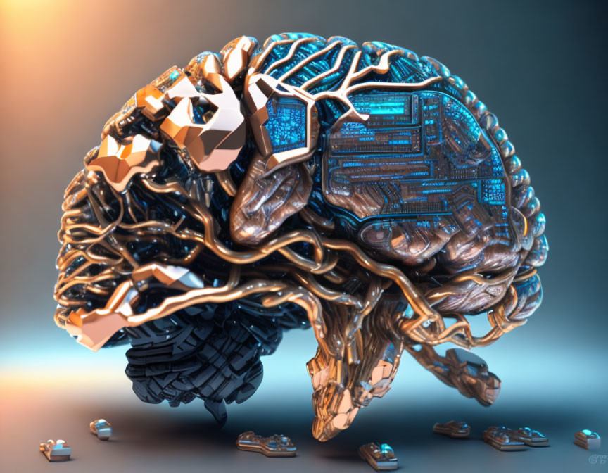 Futuristic cybernetic brain with metallic and circuitry elements