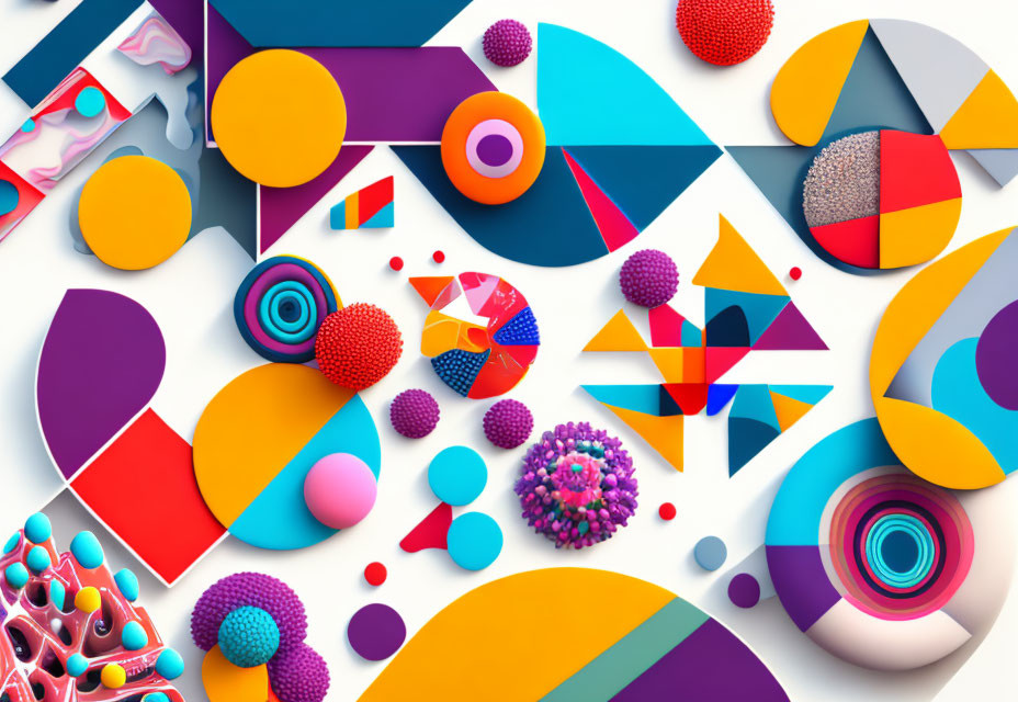 Colorful 3D digital art with geometric shapes and spheres