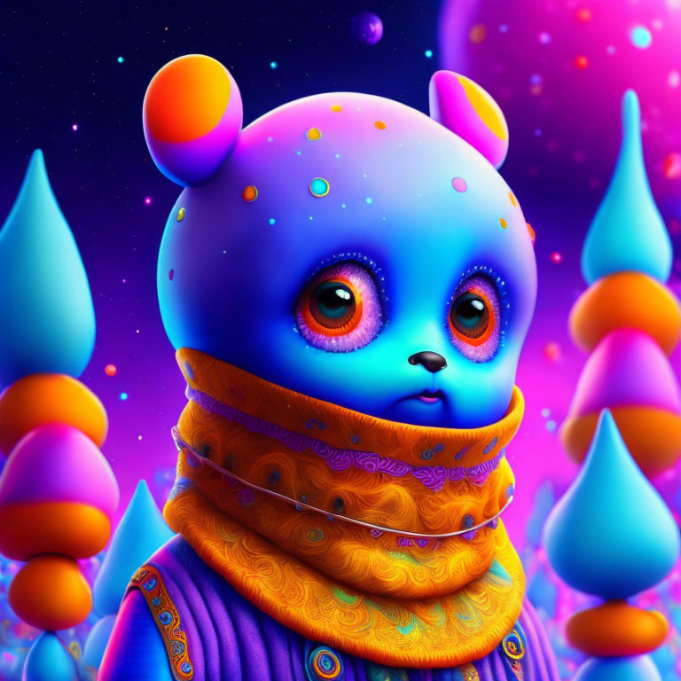 Colorful illustration of stylized blue creature with orange eyes and scarf in fantastical setting.