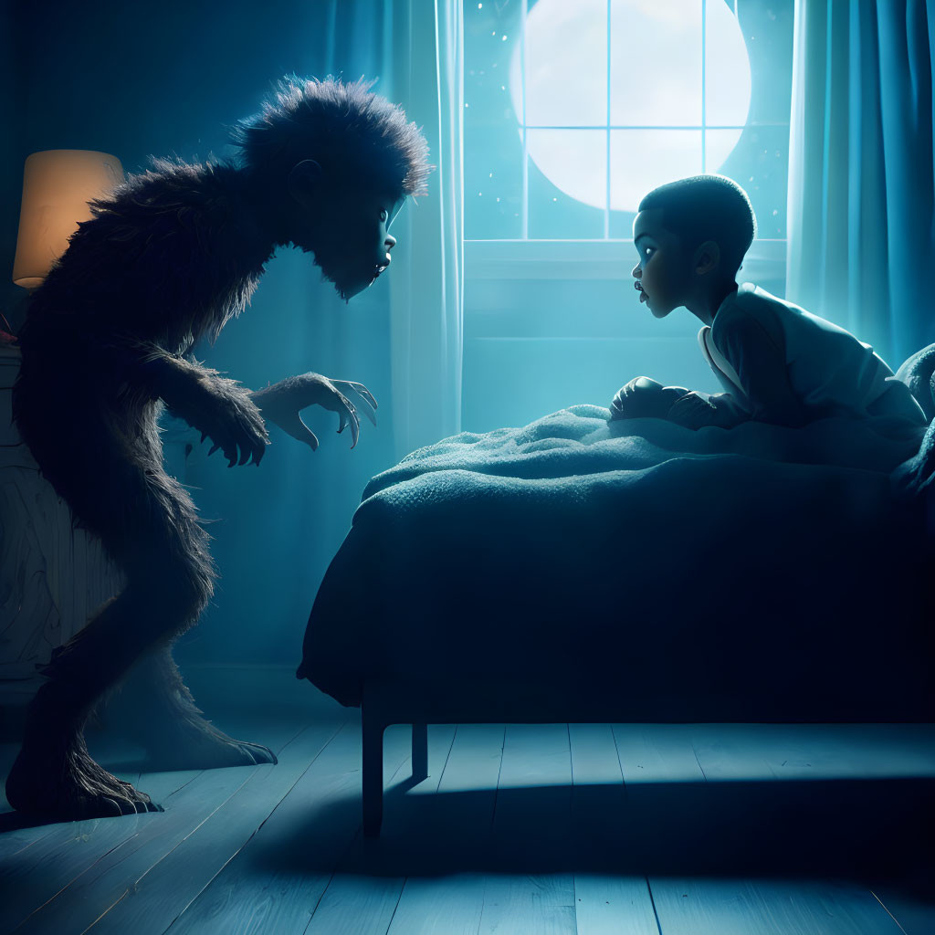 Young boy amazed by large furry creature in moonlit room