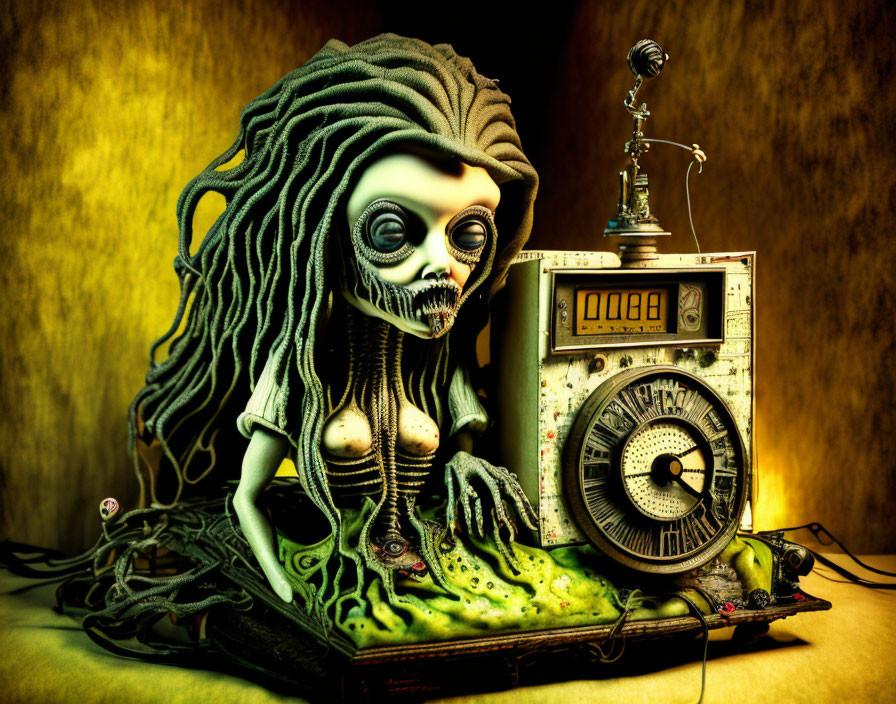 Surreal octopus-like creature with humanoid face connected to vintage machine.