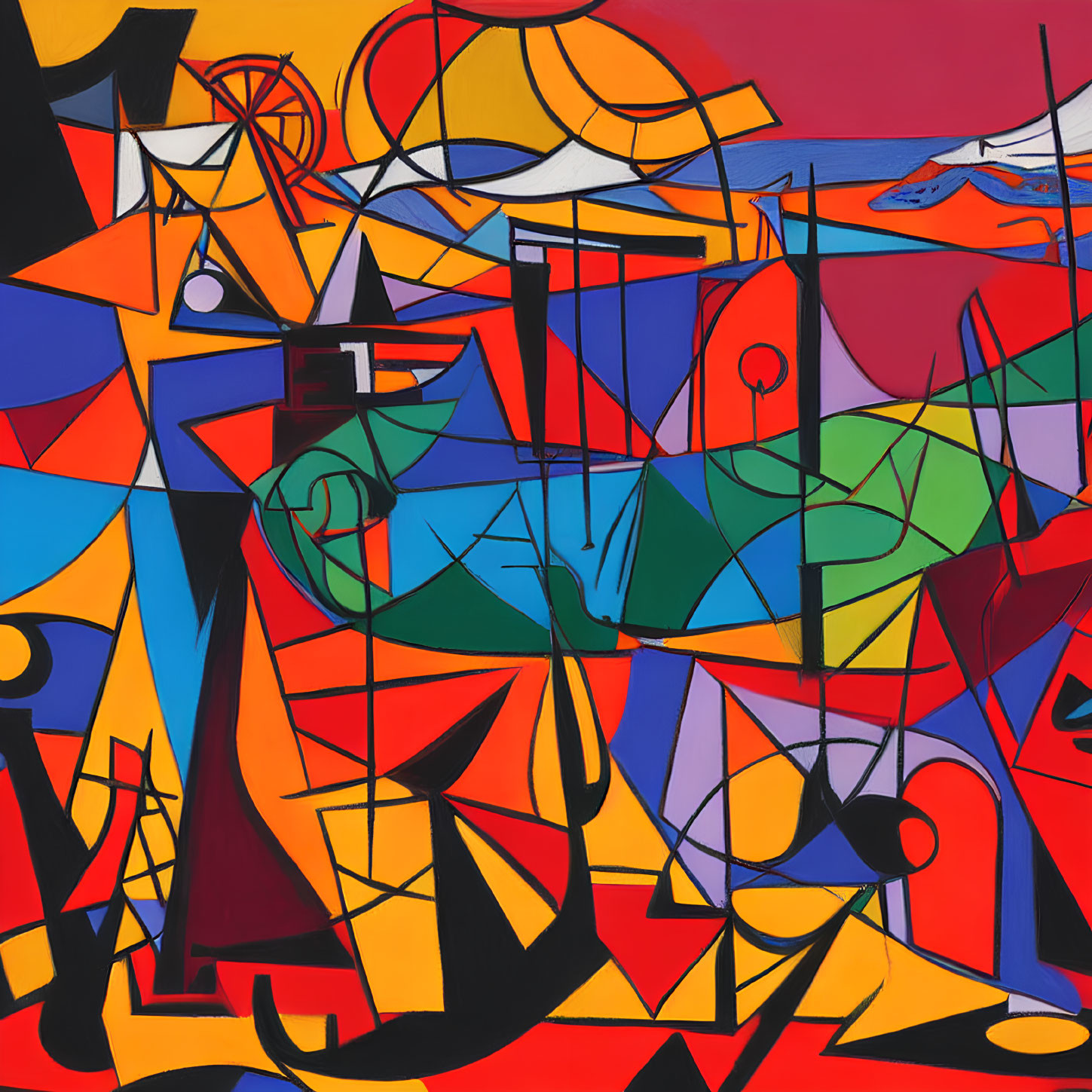 Colorful abstract painting with bold geometric shapes in red, blue, orange, and yellow.