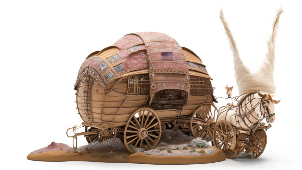 Intricate wooden caravan with large wheels and feathered plume on white background