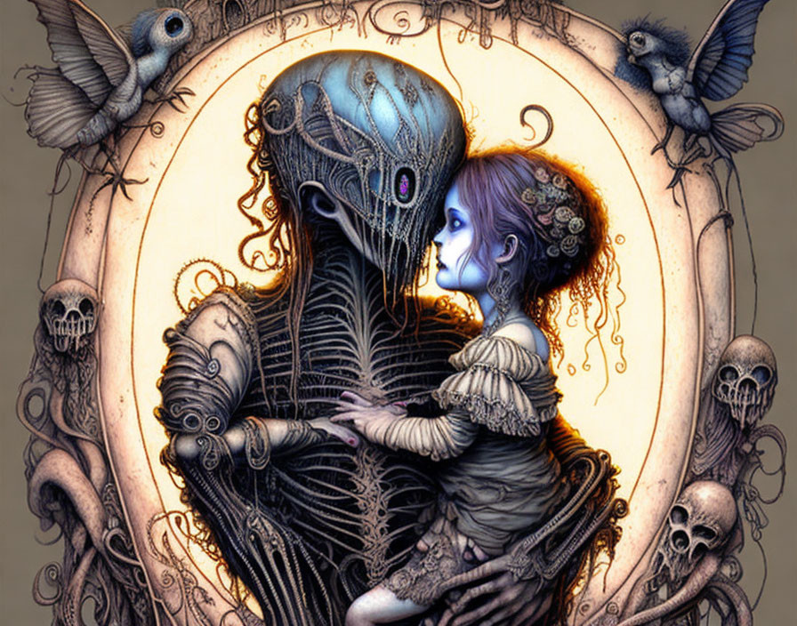 Gothic fantasy art: Young girl with skeleton creature, birds, and skulls in circular frame