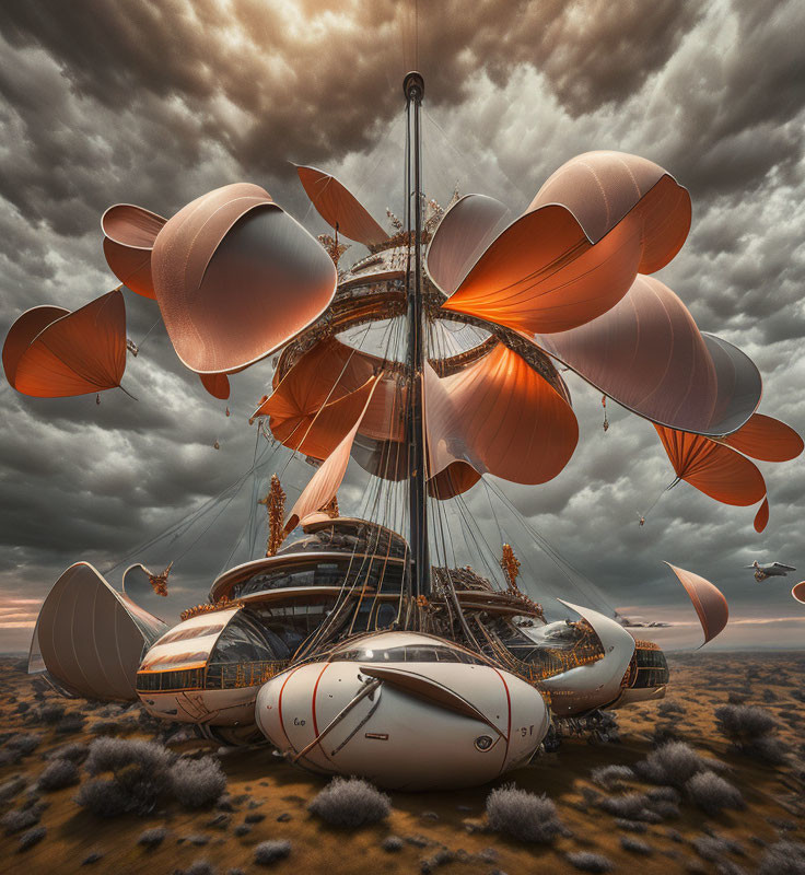 Futuristic airship with large petal-like balloons over desert landscape