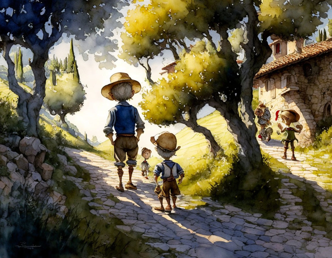 Watercolor Illustration of Man and Children Walking in Rural Landscape