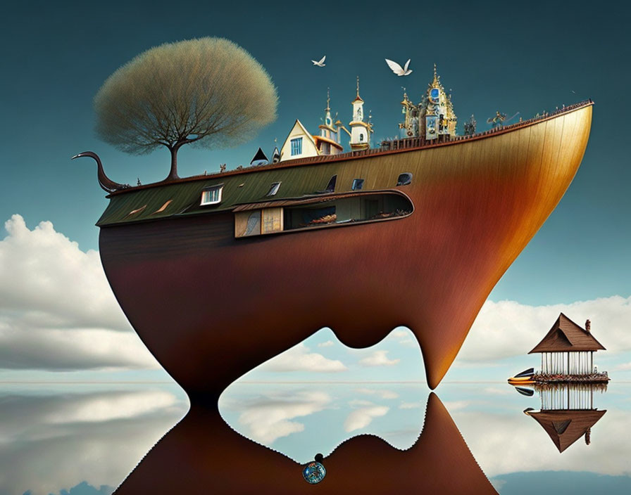 Surreal ship with tree, house, and birds above abstract landscape.