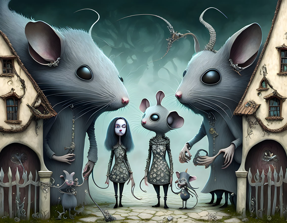 Surreal artwork: Human-sized mice in quaint village with small girl