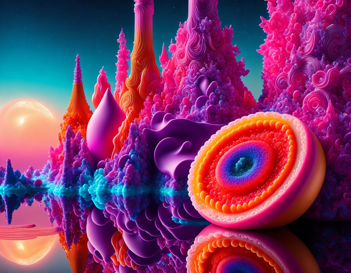 Colorful psychedelic landscape with coral-like structures and floating orbs