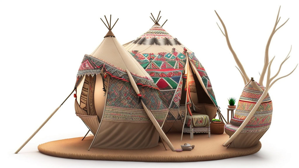 Traditional teepee illustration with intricate patterns and cultural artifacts on white background