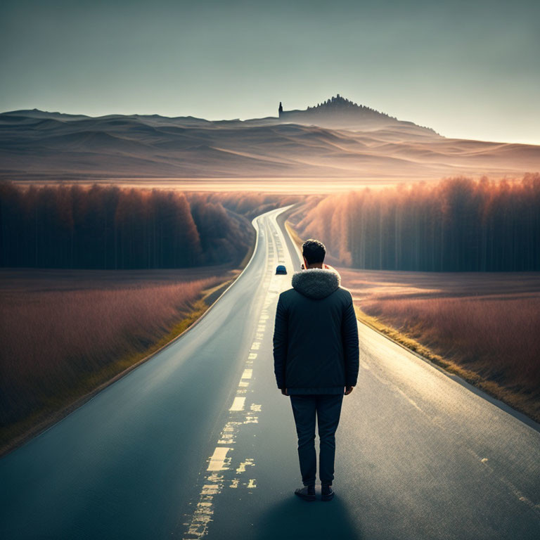 Person standing on road surrounded by trees, desert landscape, hills at dusk